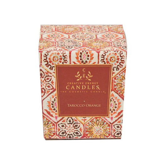 Colorful candle box labeled "Tarocco Orange."