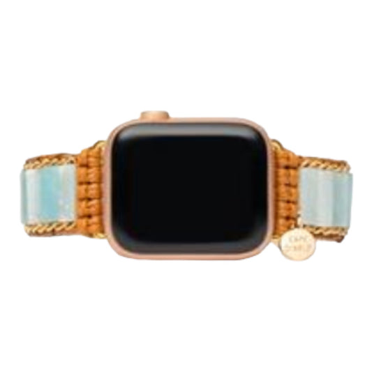 Smartwatch with a brown woven band and gold accents.