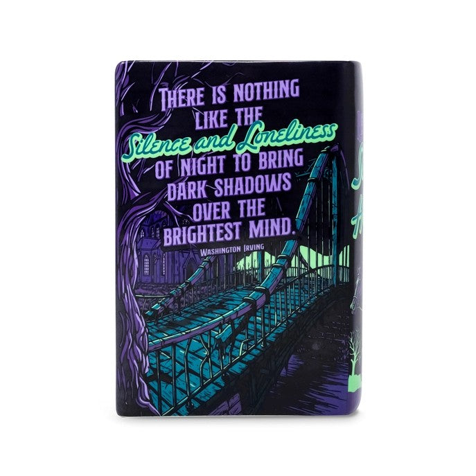Night scene with eerie quote about silence and loneliness, featuring a bridge and trees.