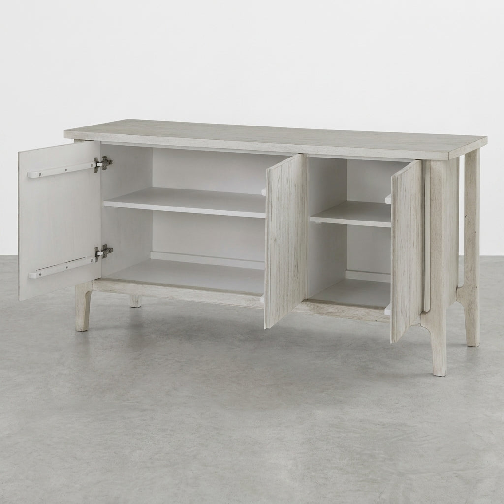 White sideboard with open double doors and internal shelves.