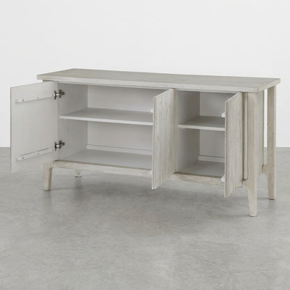 White sideboard with open double doors and internal shelves.