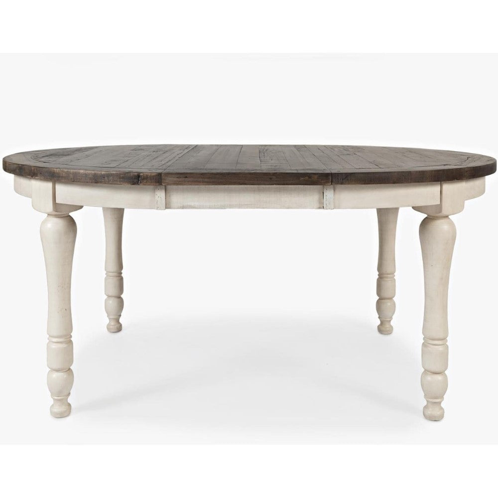 Oval wooden table with dark top and white, turned legs.