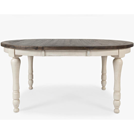 Oval wooden table with dark top and white, turned legs.