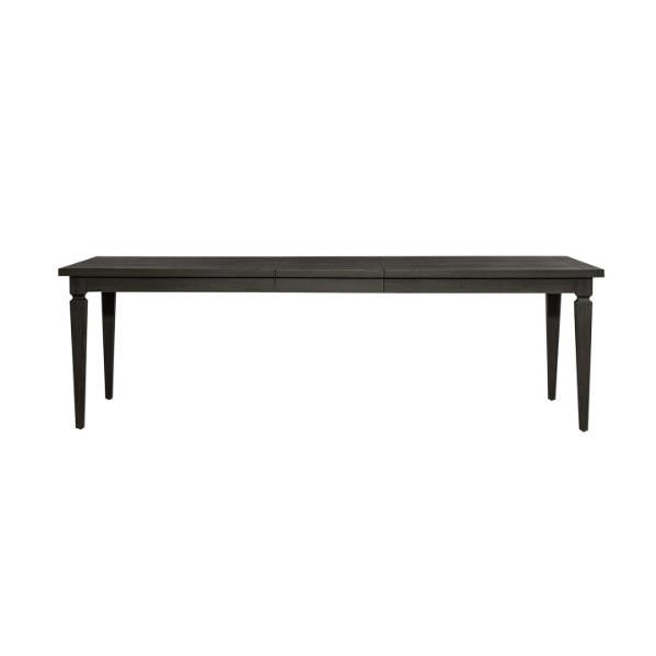 Dark wooden dining table with slim, tapered legs.