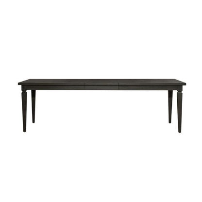Dark wooden dining table with slim, tapered legs.