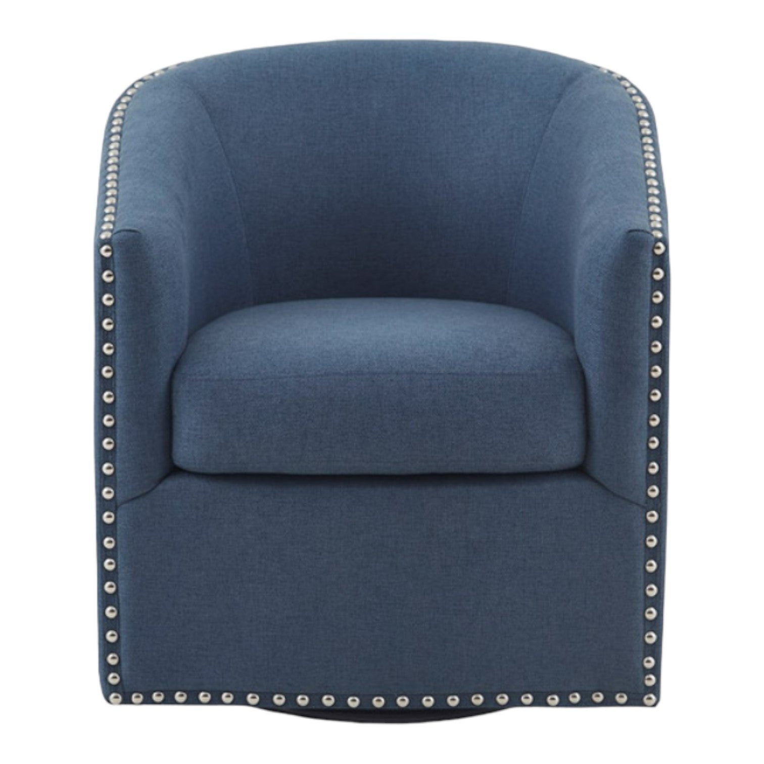 Blue fabric armchair with studded trim.