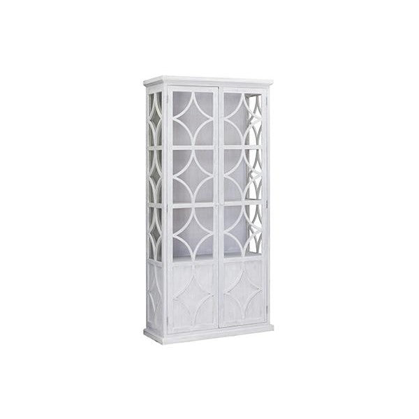 White cabinet with lattice glass doors and decorative geometric pattern.