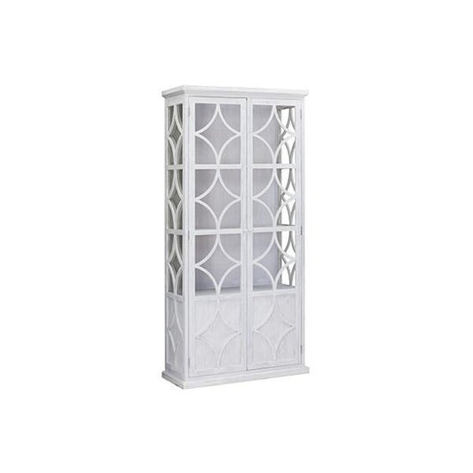 White cabinet with lattice glass doors and decorative geometric pattern.