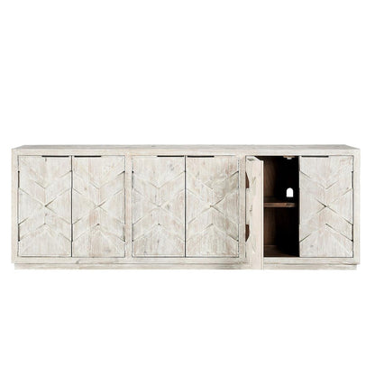 Rustic wooden sideboard with geometric patterns and one open door.