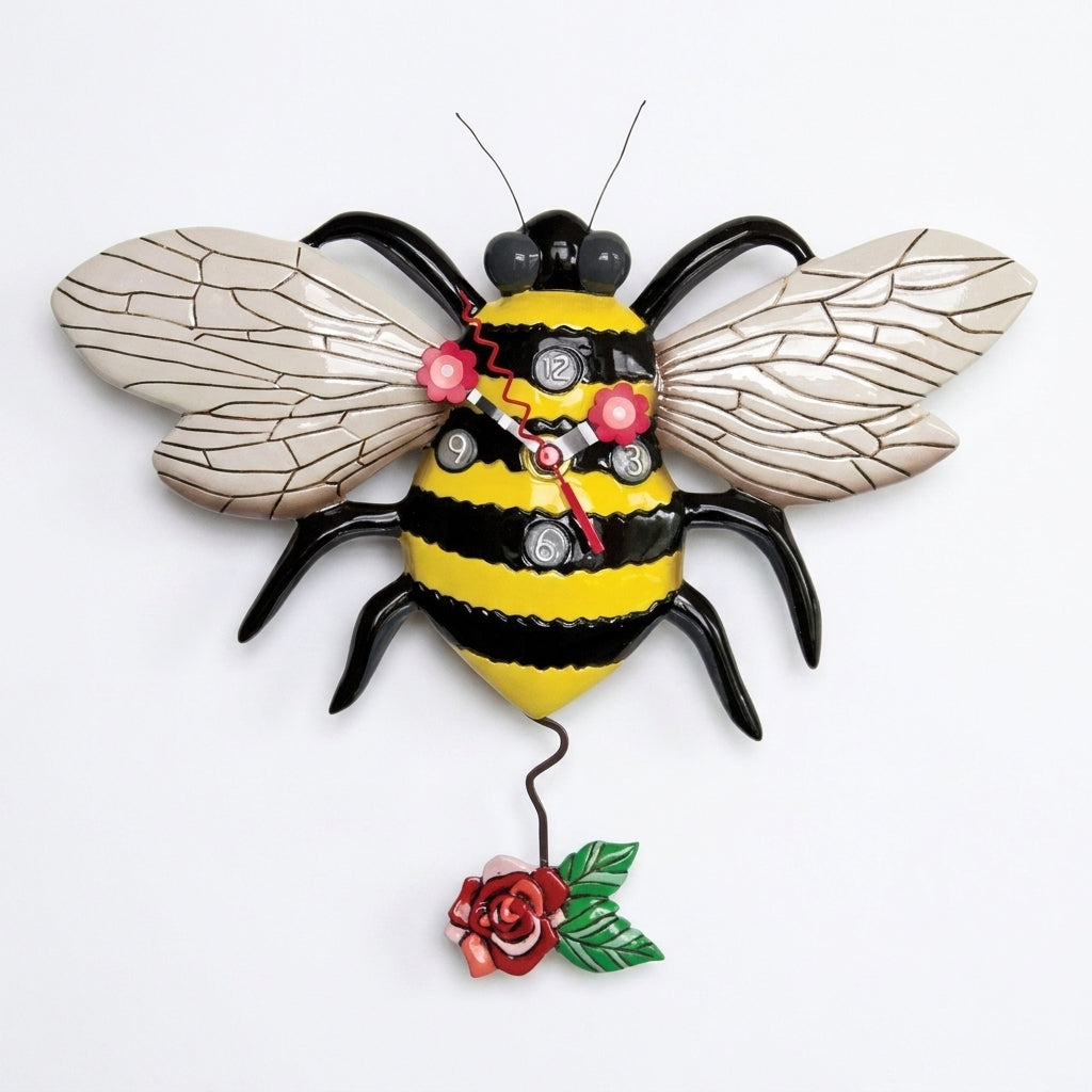 Bee-themed clock with wings and a flower pendulum.