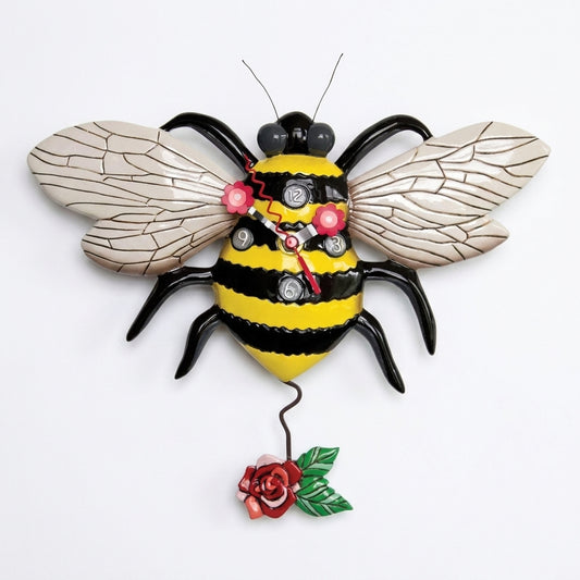 Bee-themed clock with wings and a flower pendulum.