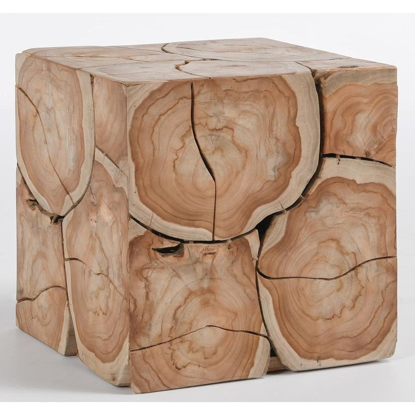 Wooden cube stool with natural tree rings.