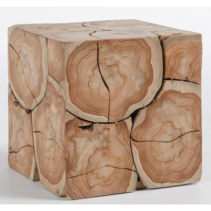 Wooden cube stool with natural tree rings.