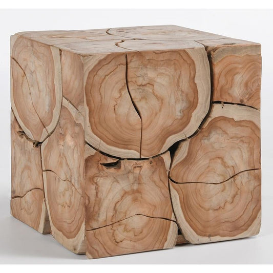 Wooden cube stool with natural tree rings.