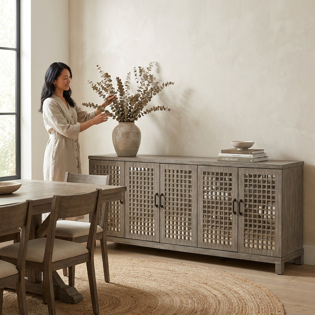 Person arranging vase on minimalist sideboard in a bright, cozy dining room.