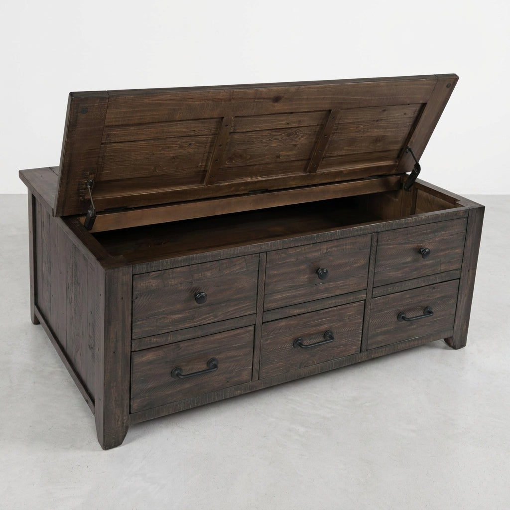 Wooden storage chest with an open lid and multiple drawers.