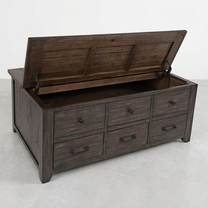 Wooden storage chest with an open lid and multiple drawers.
