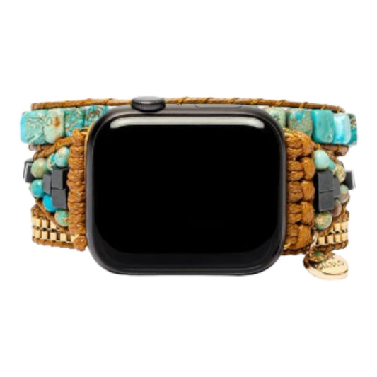 Smartwatch with a beaded, earthy-toned strap and turquoise accents.