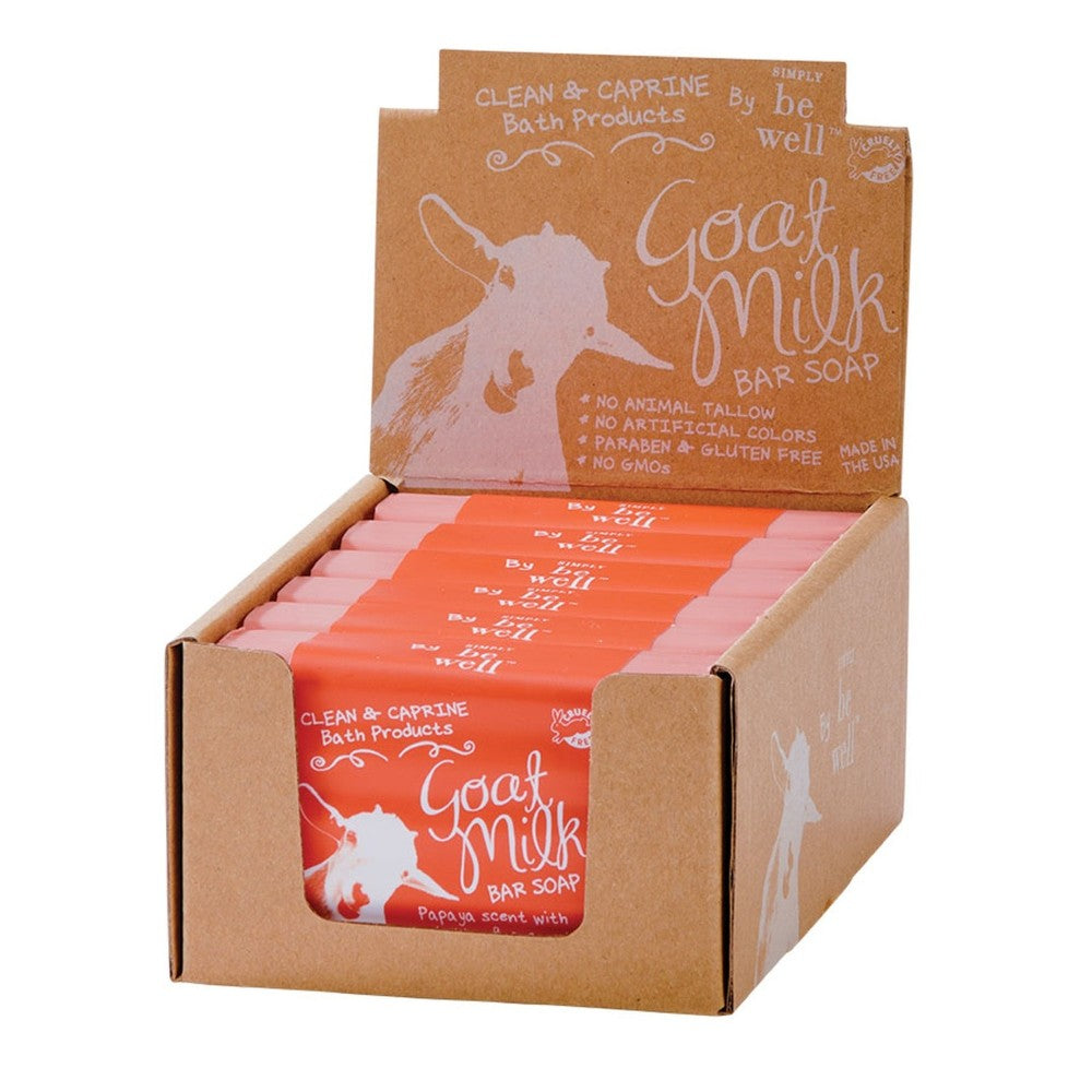Box of goat milk soap bars with papaya scent and eco-friendly packaging.