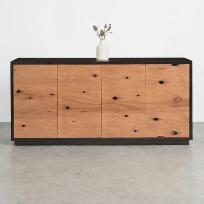Wooden sideboard with natural knots and dark edges.
