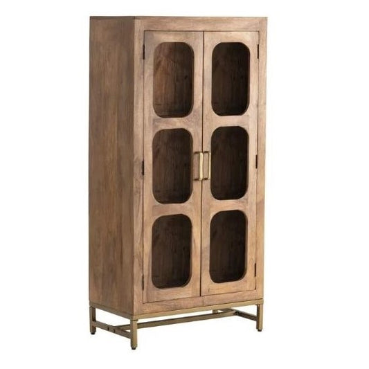 Wooden cabinet with glass doors and metal legs.