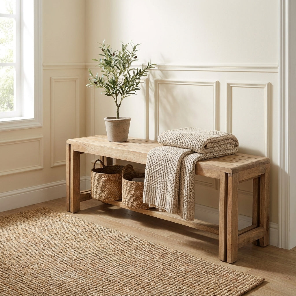 Wooden bench with simple, rustic design.