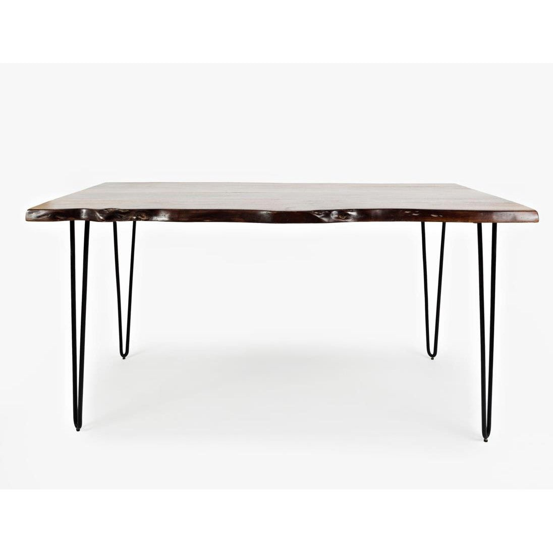 Wooden table with hairpin legs and a natural edge design.