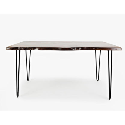Wooden table with hairpin legs and a natural edge design.