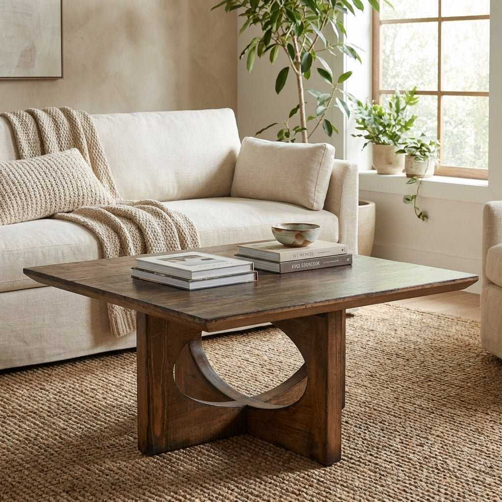Modern wooden square table with circular cut-out base design.