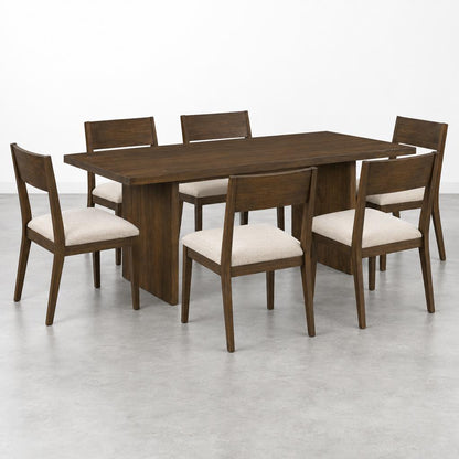 Wooden dining set with six chairs and a rectangular table.