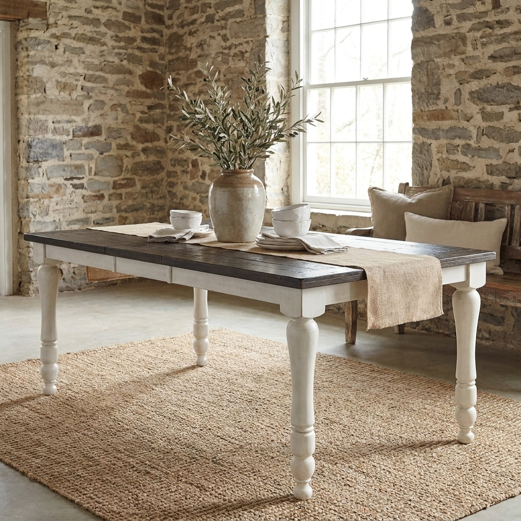 Wooden dining table with dark top and white legs.