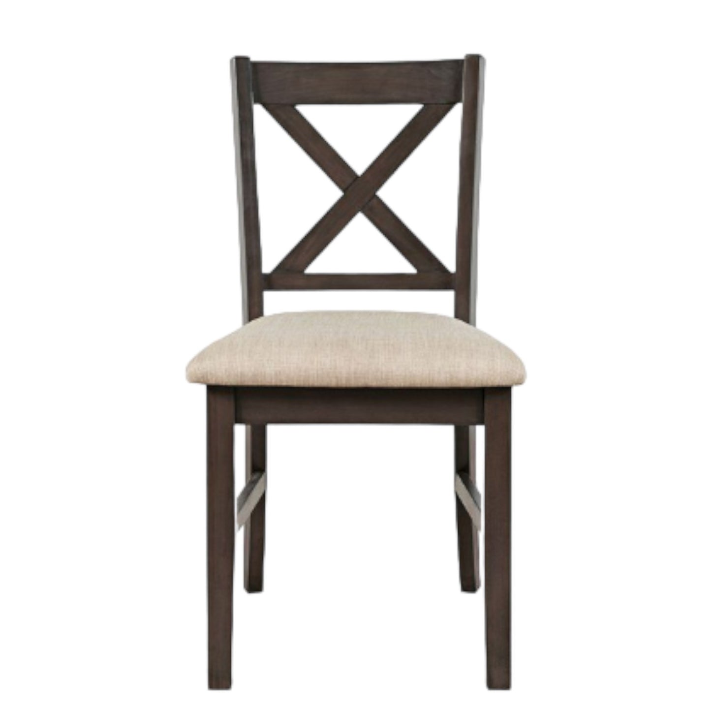 Dark wooden chair with beige cushioned seat and X-back design.