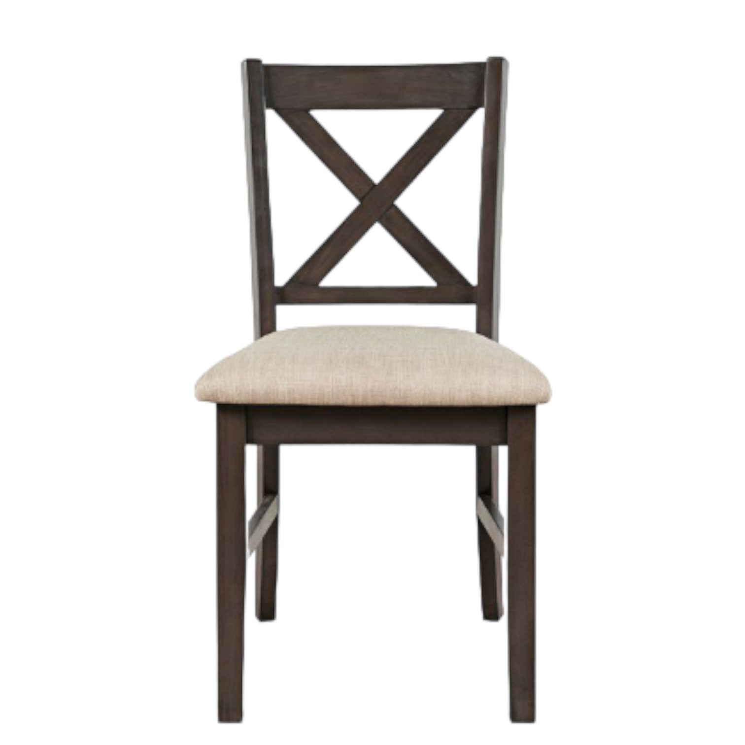Dark wooden chair with beige cushioned seat and X-back design.