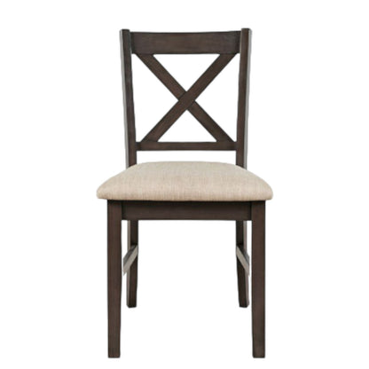 Dark wooden chair with beige cushioned seat and X-back design.