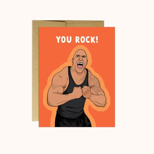 Illustration of a muscular man shouting "You Rock!" on an orange background.
