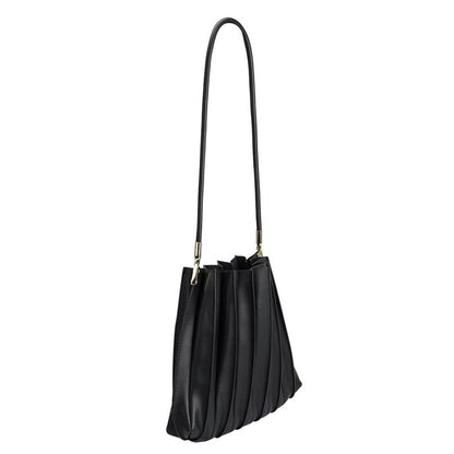 Elegant black handbag with pleated design and long strap.