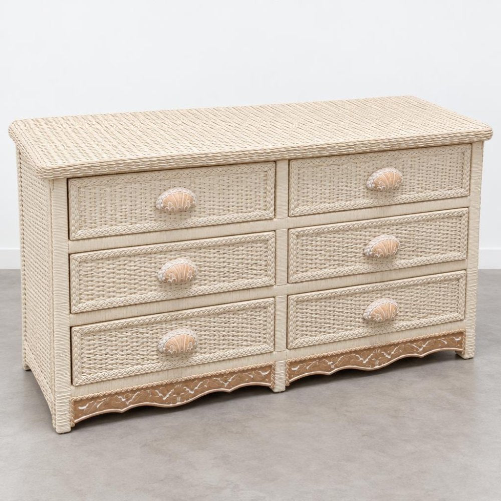 A cream-colored woven dresser with six drawers and decorative shell-shaped handles.