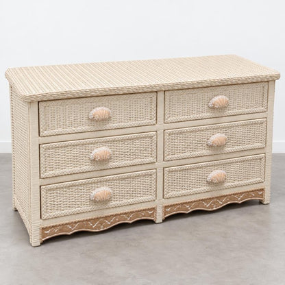 A cream-colored woven dresser with six drawers and decorative shell-shaped handles.