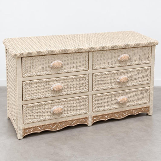 A cream-colored woven dresser with six drawers and decorative shell-shaped handles.