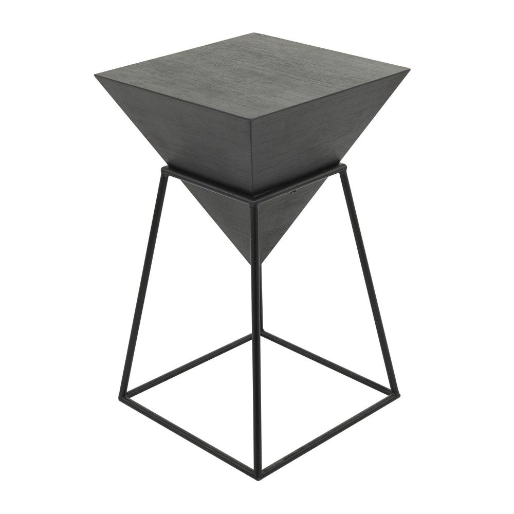 Geometric black metal table with inverted pyramid top.