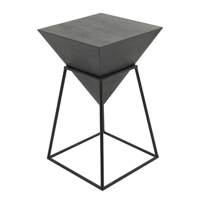 Geometric black metal table with inverted pyramid top.