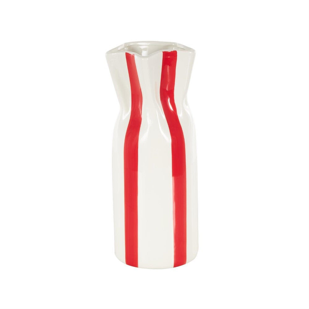White vase with red vertical stripes.