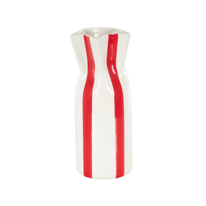 White vase with red vertical stripes.