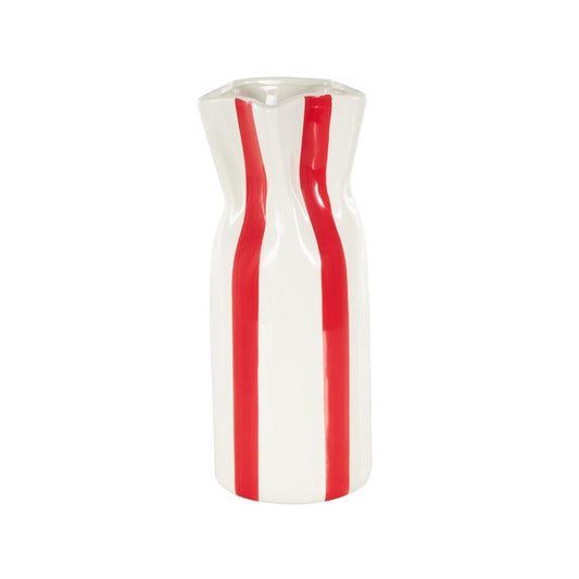 White vase with red vertical stripes.