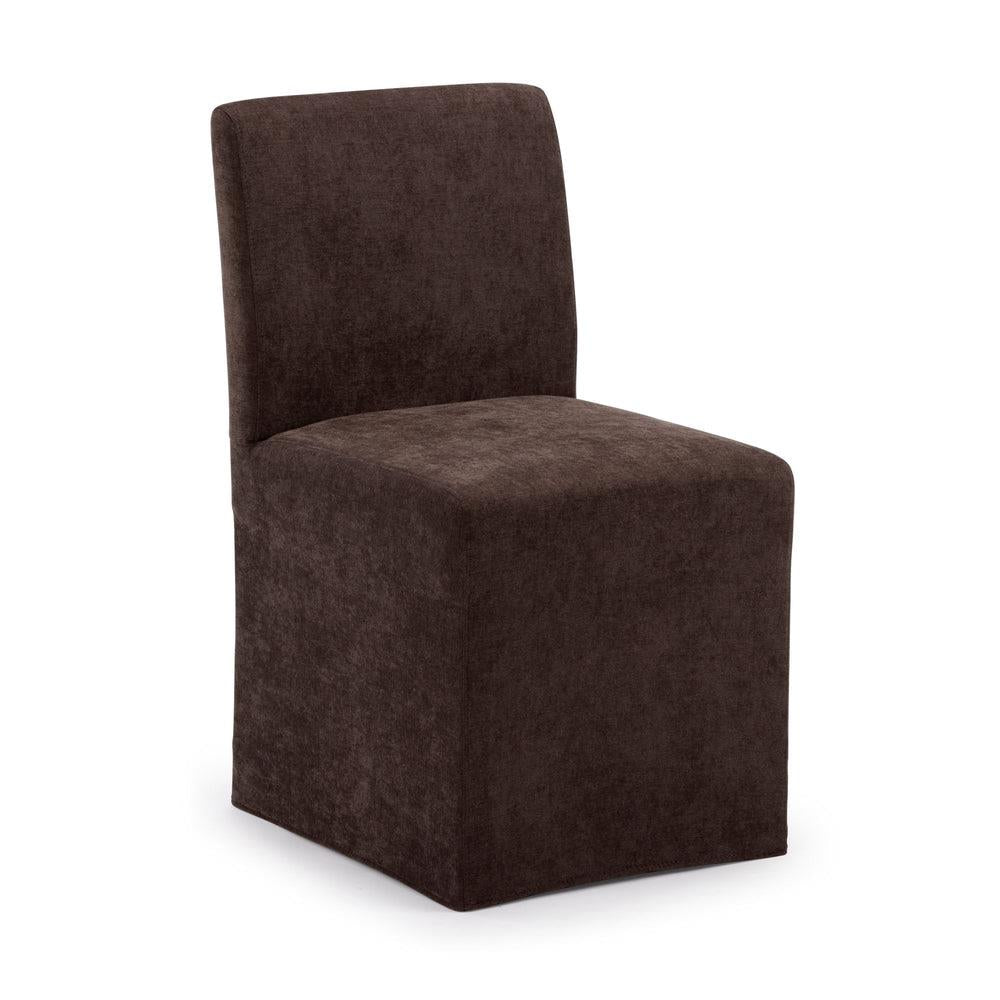 Dark brown, fabric-covered, armless chair with a high backrest.