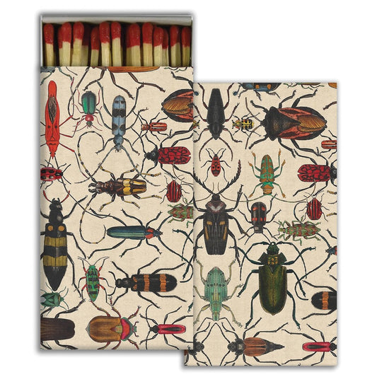 Matchbox with colorful insect illustrations on the cover.