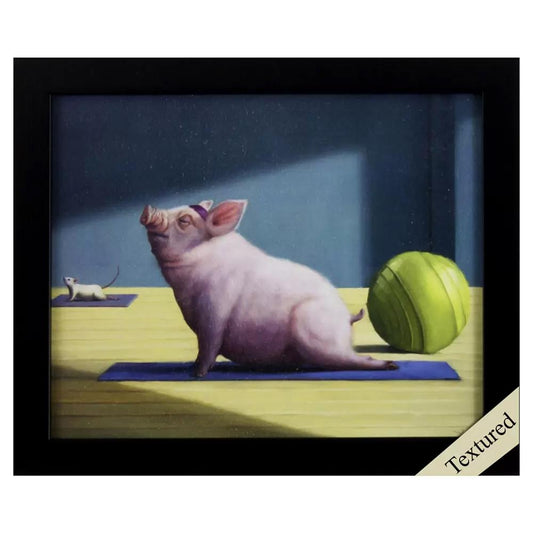 Pig in a yoga pose with a ball, mouse in the background.
