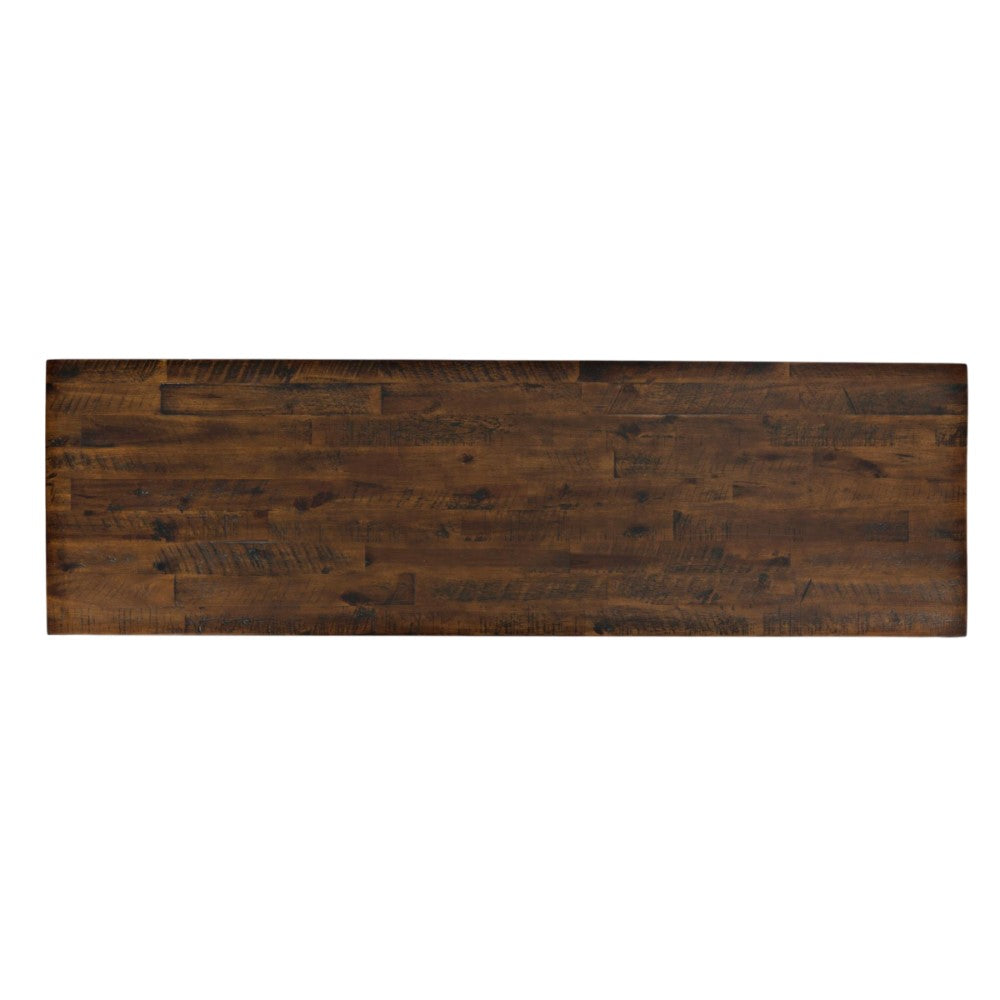 Dark wooden table surface with rich grain patterns.