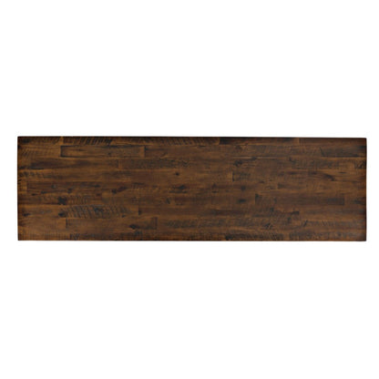 Dark wooden table surface with rich grain patterns.