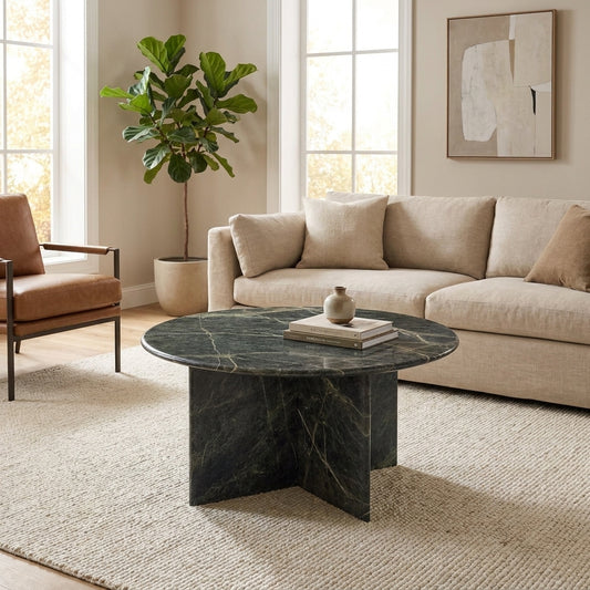 Round marble table with a criss-cross base.
